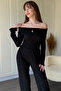 Seersucker Fabric Open Shoulder Black Suit with Chest Accessories - 7