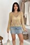 Beige Mesh Knitted Patterned Knitwear Blouse with Tassels Standard Size - 6