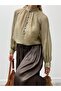 Women's Balloon Sleeve Buttoned Chiffon Green Blouse - 4