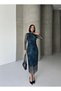 Women's High Neck Transparent Tulle Sleeves Lined Draped Midi Evening Dress Petrol Dress - 3