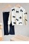 Girls' Cotton Cream Bow Detail Knitwear Sweater and Black Ribbed Flare Leggings Set - 4