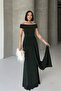 Off Shoulder Draped Glitter Emerald Evening Dress