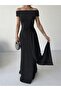 Off Shoulder Draped Glitter Black Evening Dress - 6