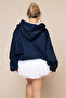 Women's Navy Blue Hooded Lace-Up Sweatshirt – Zippered 3 Thread Ş Fleece-Lined O Oversized Sport Style - 7