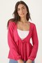 Women's Fuchsia V-Neck Soft Textured Tie-Front Knit Cardigan with Elastic Sleeves Arm-26K001010 - 2