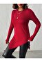 Women's Burgundy Asymmetrical Hem Crew Neck Viscose Elastane Tunic Blouse - 5