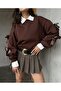 Women's Brown 3 Thread Ribbed Wide Cut Ribbon Detailed Sweatshirt 28318 - 7