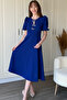 Balloon Sleeve Ribbon Accessory Detachable Midi Cobalt Blue Dress - 6