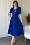 Balloon Sleeve Ribbon Accessory Detachable Midi Cobalt Blue Dress - 8