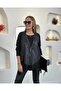 Women's Long Sleeve Asymmetrical Cut Viscose Blouse and Cracked Leather Look Vest Double Suit - 2
