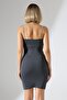 Dark Gray Scuba Fabric Suspender Stone Detail Thin Strap Slit Dress - 8