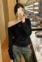 Red Black 2 Pack Women's Off-Shoulder Boat Neck Oversized Long Sleeve T-Shirt - 2