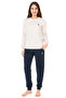 Women's Beige Color Long Sleeve Pajama Set – Navy Blue Bottom Cotton Comfortable Home & Sleep Set
