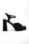 Women's Square Platform Thick Heeled Black Satin Evening Dress Shoes - 3