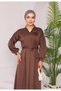 V-Neck Belted Waist Pleated Rose Accessory Imported Knitted Fabric Full Length Dress - 2