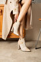 Layla Beige Suede 7 cm Heel Button Detail Zippered Boots Bottie - 3