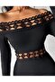 Women's Long Sleeve Madonna Lace Neckline Slit Midi Diver Dress - 2
