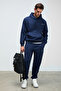 Marshallhoodie Men's Cotton Fleece Lined Embroidered Relaxed Dark Navy Blue Tracksuit Set - 2