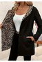 Women's Double-Sided Two-Thread Leopard Pattern Black Hooded Zippered Lace-Up Pocket Jacket
