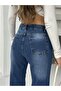 Women's Navy Blue Reverse Cuffed Tassel-Embroidered Loose Leg Jeans - 4