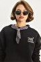 Women's Black Scarf Detailed Leopard Embroidered Three Thread Embroidered Oversize Sweatshirt 6917 60283616 - 5