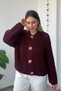 Thick Knitted Crew Neck Burgundy Wool Cardigan - 2