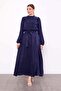 Navy Blue Floral Stone Detailed Cupra Dress