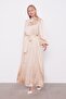 Beige Belt Detailed Satin Crinkle Dress - 2