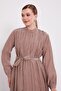 Brown Waist-Tie Pleated Detail Cupra Dress - 3