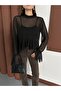 Women's Black Collar Tulle Blouse with Scarf and Ruffle Detail - 7