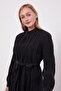 Black Waist-Tie Pleated Detail Cupra Dress - 3