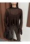Women's Brown Collar Tulle Blouse with Scarf and Ruffle Detail - 5