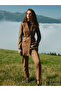 Women's Double Breasted Collar Leather Rope Detailed Tan Combination Suit Tk-1694