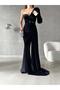 Single-Shoulder Belted Maxi-Length Velvet Fabric Evening Dress 582320 BLACK - 2