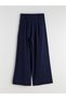 Navy Blue Loose Fit Wide Leg Women's Pleated Trousers - 6
