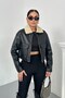 Women's Cropped Jacket Faux Leather Collar Fur Trim Zipper Double Pockets Short Leather Coat - 2