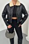 Women's Cropped Jacket Faux Leather Collar Fur Trim Zipper Double Pockets Short Leather Coat - 7
