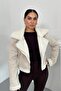 Women's Suede Coat Short Fur Lined Double Breasted Zipper Pocket Jacket