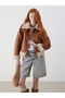 Xside Beige Fur Collar Women's Leather Look Coat