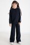 Navy Blue Bow Detailed Striped Girls' Crew Neck Tracksuit Set 22732 - 3