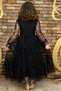Girls' Black Dress with Transparent Tulle on the Sleeves and Collar and Leaf Detail - 3