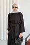 Crew Neck Waist Tied Long Tunic Dress 8904 - Black - 3