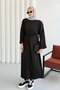 Crew Neck Waist Tied Long Tunic Dress 8904 - Black - 4