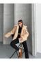 Women's Zippered Curly Fur Coat Beige - 5