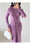 Women's Purple Long Sleeve Skirt Pleated Slit Pleated Maxi Dress - 5