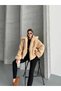 Women's Zippered Curly Fur Coat Beige - 3