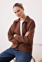Kahverengi Fermuarlı Polo Yaka Oversize Kalın İçi Polarlı Örme Sweatshirt TWOAW26SW00120