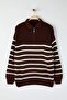 Kahverengi Oversize Polo Yaka Çizgili Kazak TMNAW24KZ00018 - 4