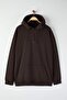 Kahverengi Büyük Beden Oversize/Geniş Kesim İçi Polar Kapüşonlu Sweatshirt TMNAW24AO00013