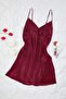 Bordo Dantel ve Yırtmaç Detaylı Saten Dokuma Gecelik THMAW26GC00010 - 7